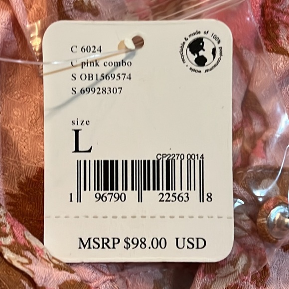 NWT $98 Free People Hilary Printed Top Size Large Pink Combo Smocked Blouse Top - Picture 13 of 13